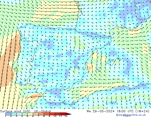 Surface wind (bft) UK-Global St 29.05.2024 18 UTC