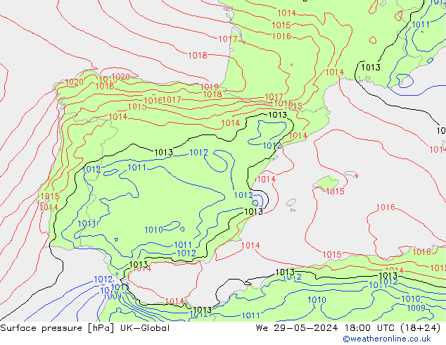 Surface pressure UK-Global We 29.05.2024 18 UTC