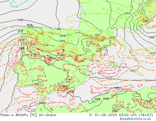 Theta-e 850hPa UK-Global pt. 31.05.2024 03 UTC
