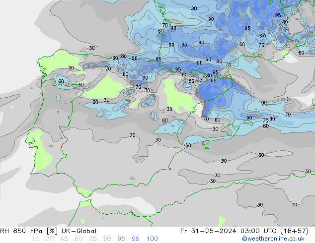 RH 850 hPa UK-Global Fr 31.05.2024 03 UTC