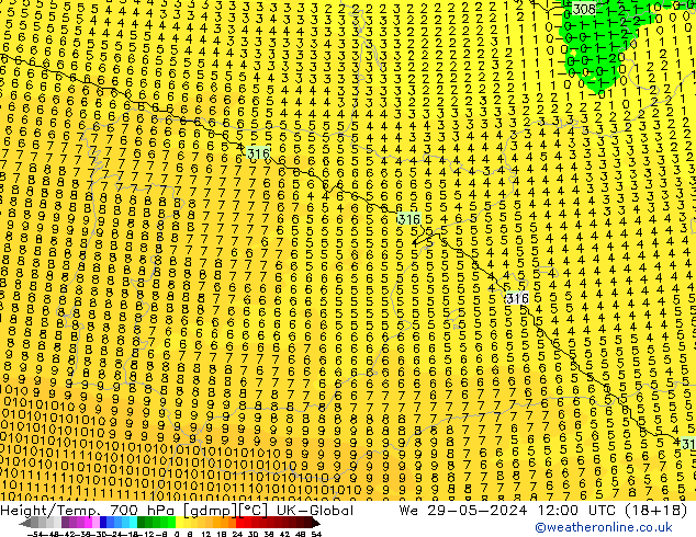 Yükseklik/Sıc. 700 hPa UK-Global Çar 29.05.2024 12 UTC