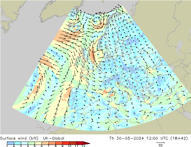 Surface wind (bft) UK-Global Th 30.05.2024 12 UTC
