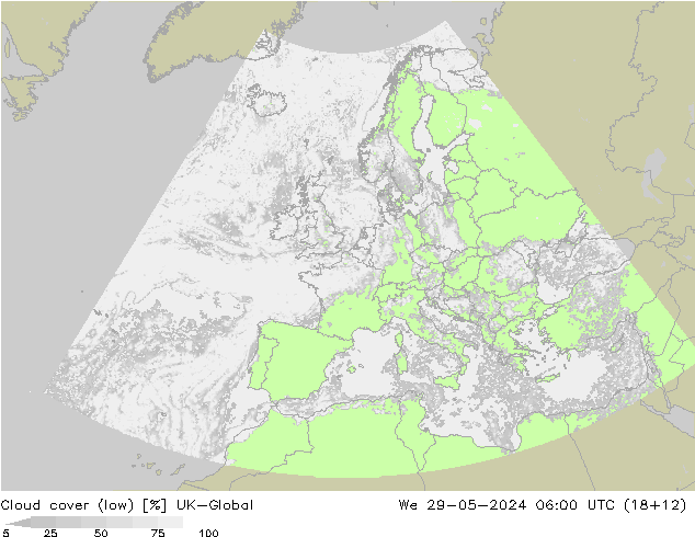 Cloud cover (low) UK-Global We 29.05.2024 06 UTC