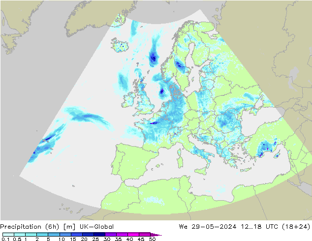 Totale neerslag (6h) UK-Global wo 29.05.2024 18 UTC