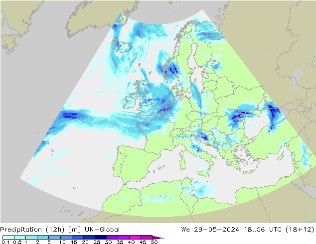 Precipitation (12h) UK-Global We 29.05.2024 06 UTC