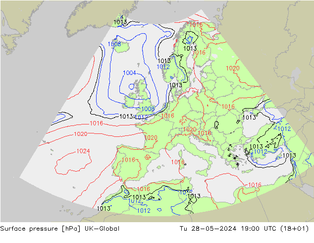 Surface pressure UK-Global Tu 28.05.2024 19 UTC