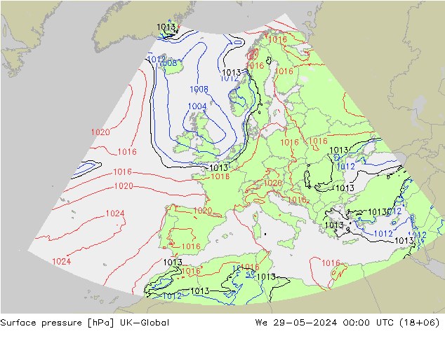 Pressione al suolo UK-Global mer 29.05.2024 00 UTC