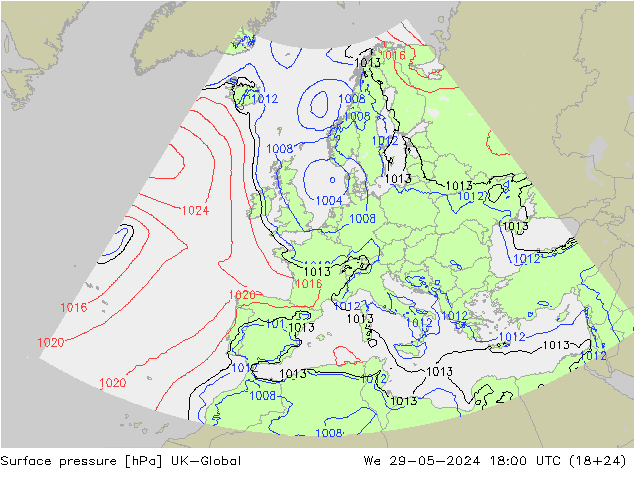 Surface pressure UK-Global We 29.05.2024 18 UTC