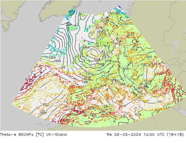 Theta-e 850hPa UK-Global We 29.05.2024 12 UTC