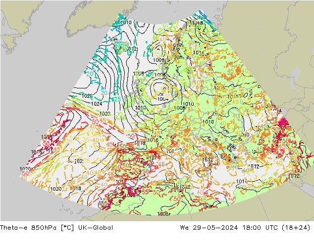 Theta-e 850hPa UK-Global We 29.05.2024 18 UTC