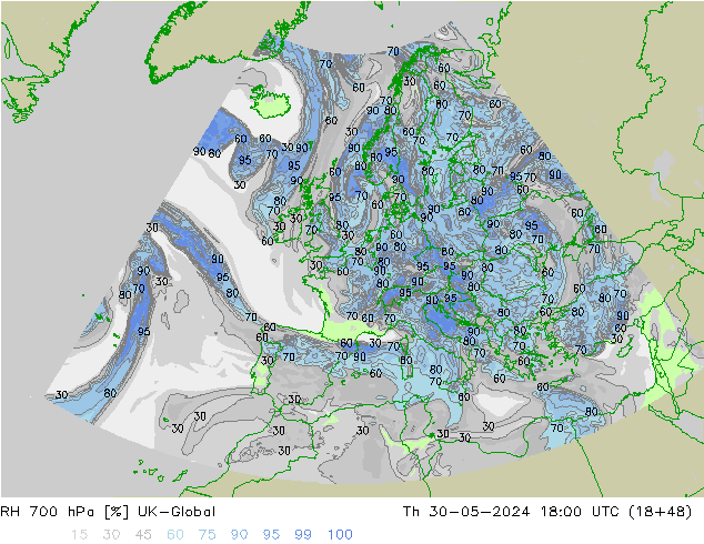 RH 700 hPa UK-Global Th 30.05.2024 18 UTC