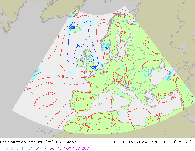 Precipitation accum. UK-Global Tu 28.05.2024 19 UTC