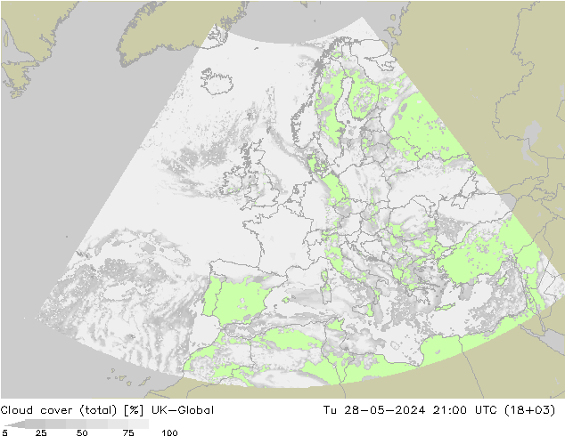 Cloud cover (total) UK-Global Tu 28.05.2024 21 UTC