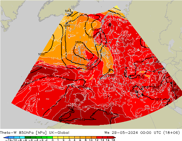 Theta-W 850hPa UK-Global Mi 29.05.2024 00 UTC