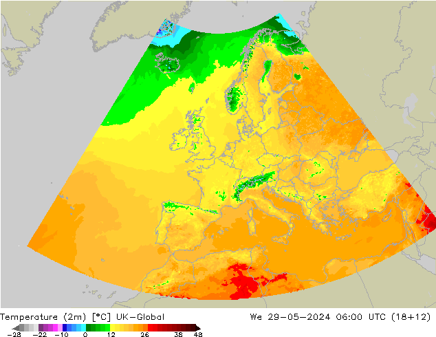 Temperatura (2m) UK-Global mer 29.05.2024 06 UTC