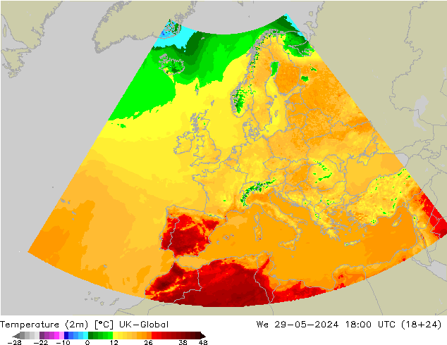 mapa temperatury (2m) UK-Global śro. 29.05.2024 18 UTC