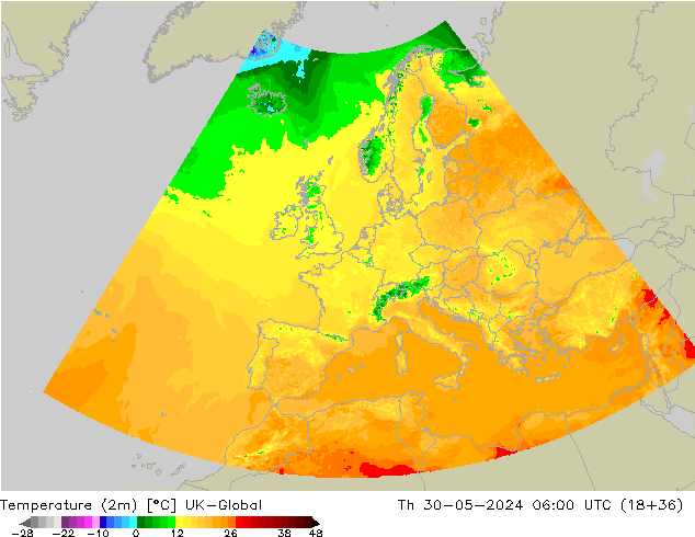 Temperatura (2m) UK-Global Qui 30.05.2024 06 UTC