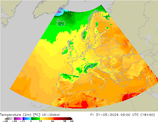 Temperaturkarte (2m) UK-Global Fr 31.05.2024 06 UTC