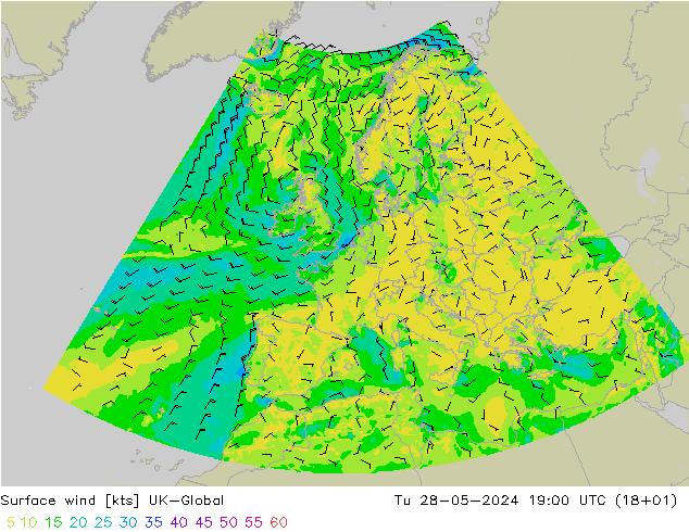 Wind 10 m UK-Global di 28.05.2024 19 UTC