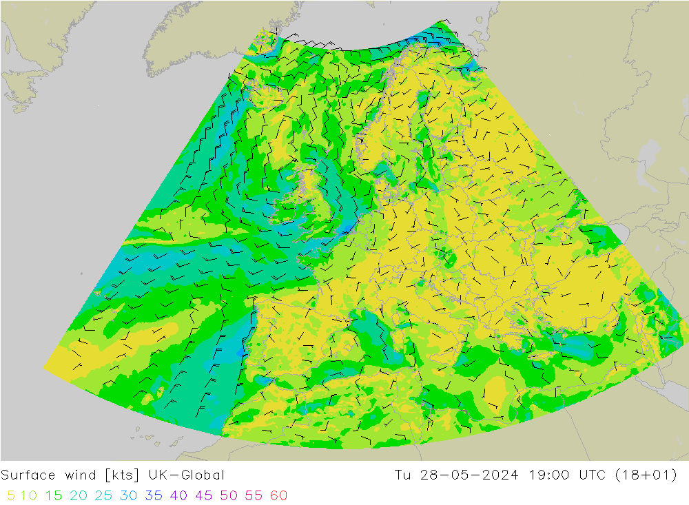 Surface wind UK-Global Tu 28.05.2024 19 UTC