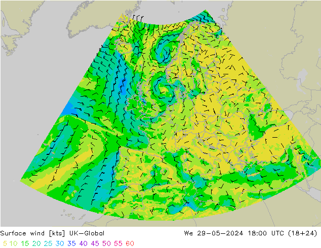 Wind 10 m UK-Global wo 29.05.2024 18 UTC