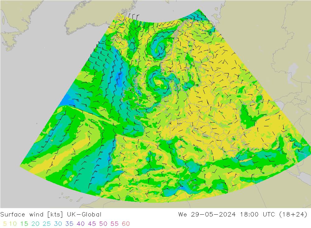 Surface wind UK-Global St 29.05.2024 18 UTC