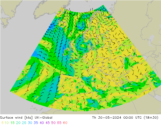Surface wind UK-Global Th 30.05.2024 00 UTC