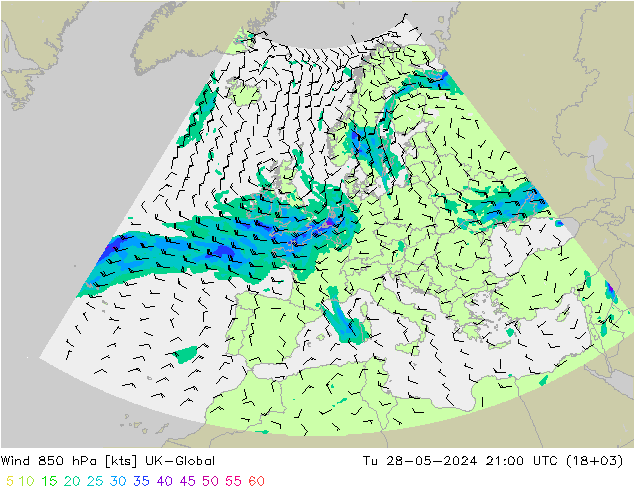wiatr 850 hPa UK-Global wto. 28.05.2024 21 UTC