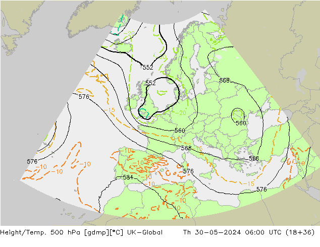 Height/Temp. 500 hPa UK-Global czw. 30.05.2024 06 UTC