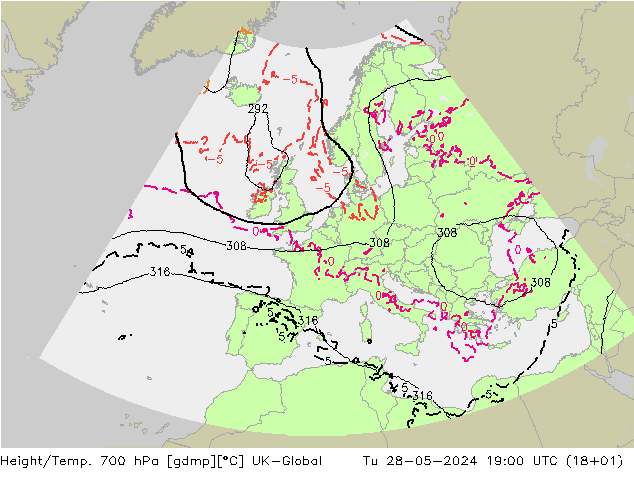 Height/Temp. 700 hPa UK-Global Tu 28.05.2024 19 UTC