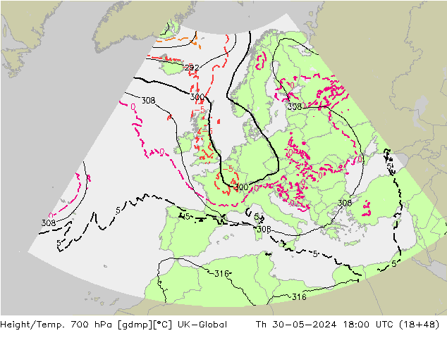 Height/Temp. 700 hPa UK-Global Čt 30.05.2024 18 UTC