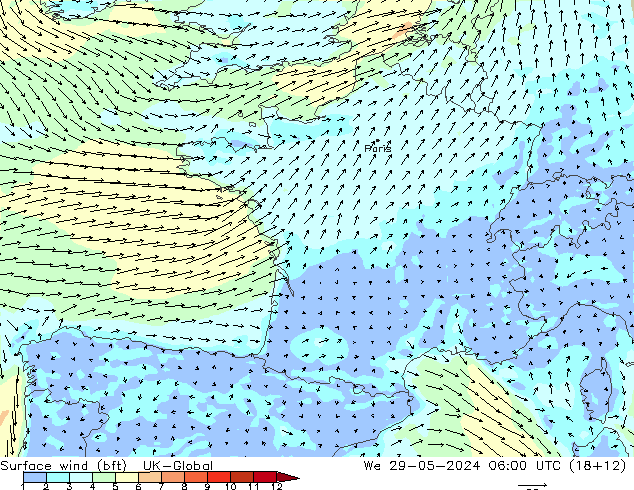 Surface wind (bft) UK-Global We 29.05.2024 06 UTC