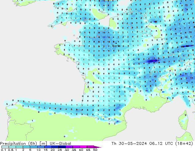 Yağış (6h) UK-Global Per 30.05.2024 12 UTC