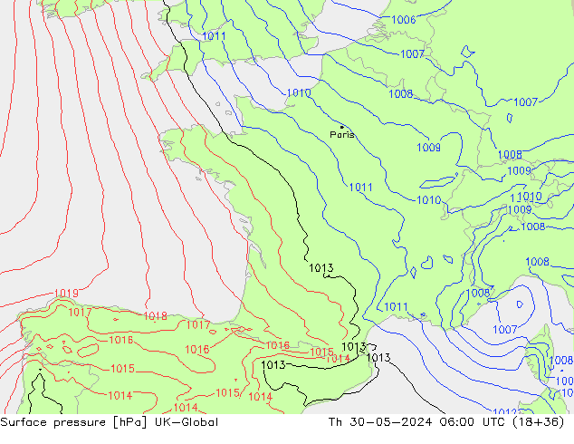 Atmosférický tlak UK-Global Čt 30.05.2024 06 UTC