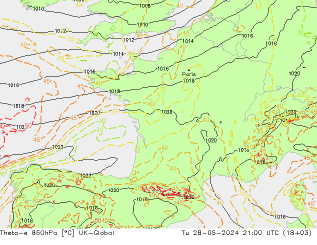 Theta-e 850hPa UK-Global mar 28.05.2024 21 UTC