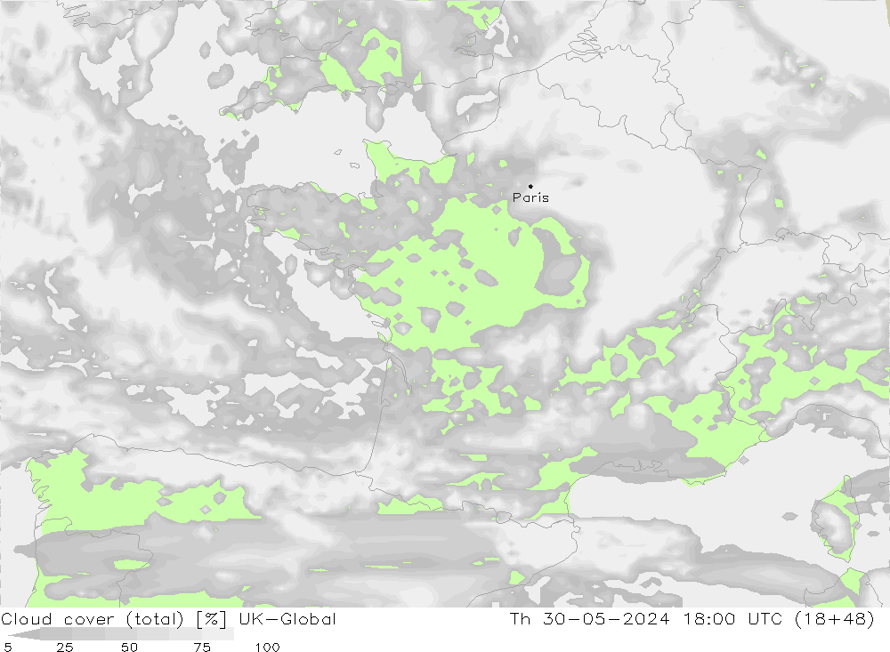 Cloud cover (total) UK-Global Th 30.05.2024 18 UTC