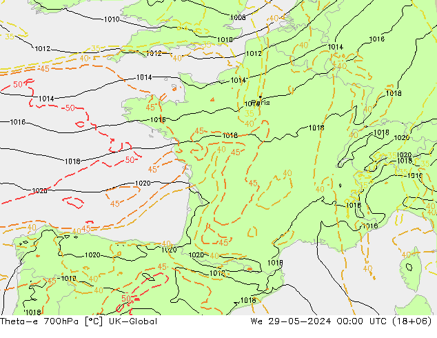 Theta-e 700hPa UK-Global Mi 29.05.2024 00 UTC