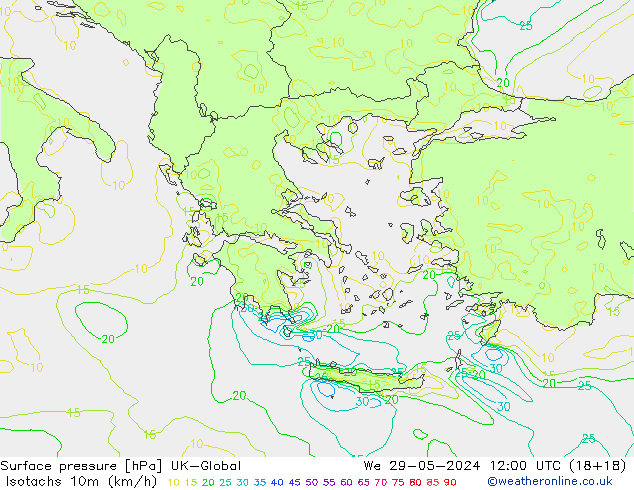 Izotacha (km/godz) UK-Global śro. 29.05.2024 12 UTC