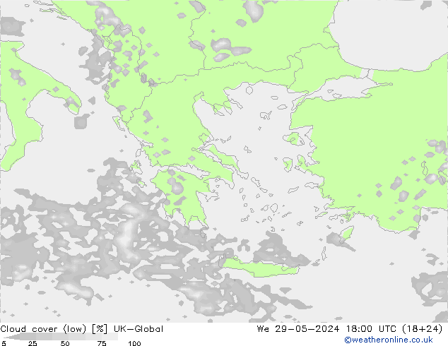 Cloud cover (low) UK-Global We 29.05.2024 18 UTC