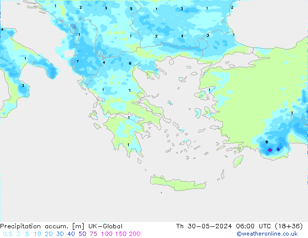 Precipitation accum. UK-Global Th 30.05.2024 06 UTC