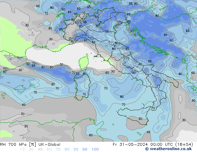 RH 700 гПа UK-Global пт 31.05.2024 00 UTC