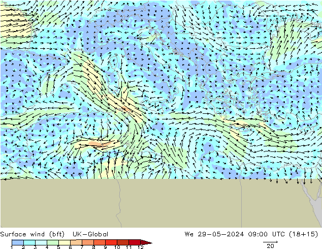 Wind 10 m (bft) UK-Global wo 29.05.2024 09 UTC