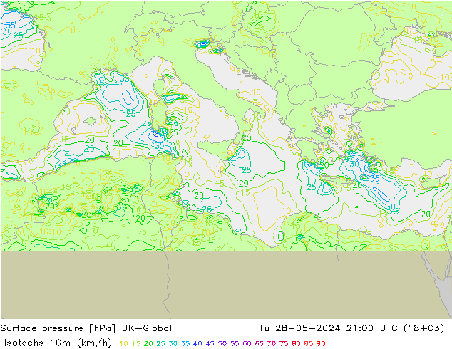 Isotachs (kph) UK-Global Tu 28.05.2024 21 UTC