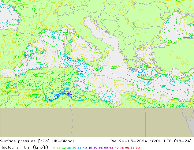 Isotachs (kph) UK-Global Qua 29.05.2024 18 UTC