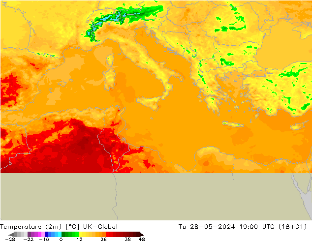 Temperature (2m) UK-Global Tu 28.05.2024 19 UTC