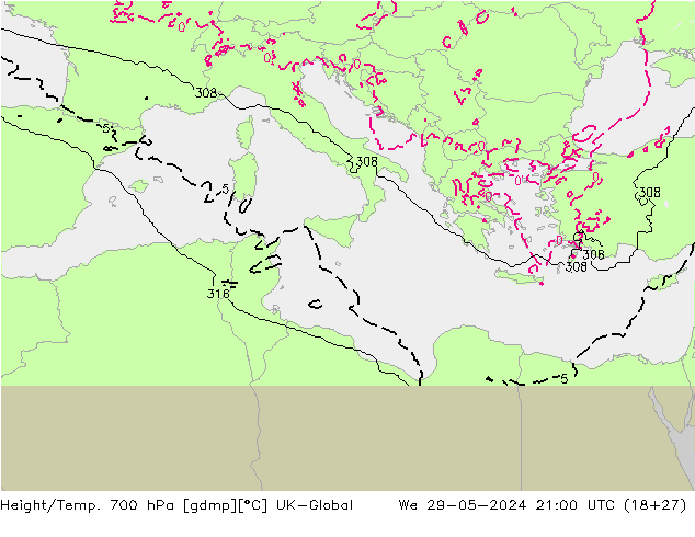 Géop./Temp. 700 hPa UK-Global mer 29.05.2024 21 UTC
