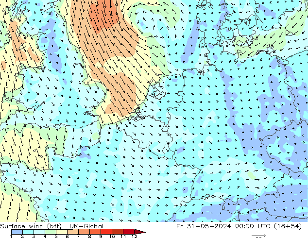 Vento 10 m (bft) UK-Global Sex 31.05.2024 00 UTC