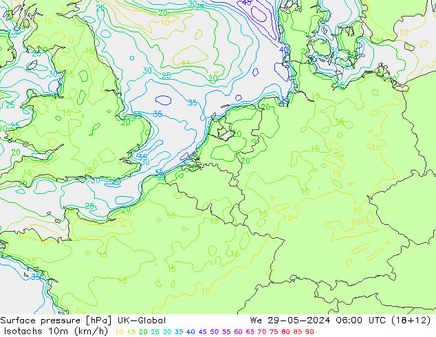 Isotachen (km/h) UK-Global wo 29.05.2024 06 UTC