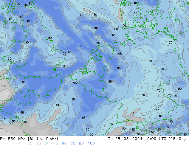 RH 850 hPa UK-Global Tu 28.05.2024 19 UTC