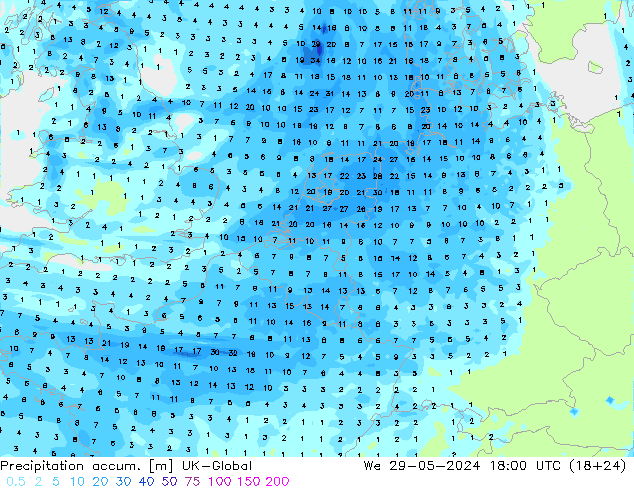 Precipitation accum. UK-Global ср 29.05.2024 18 UTC